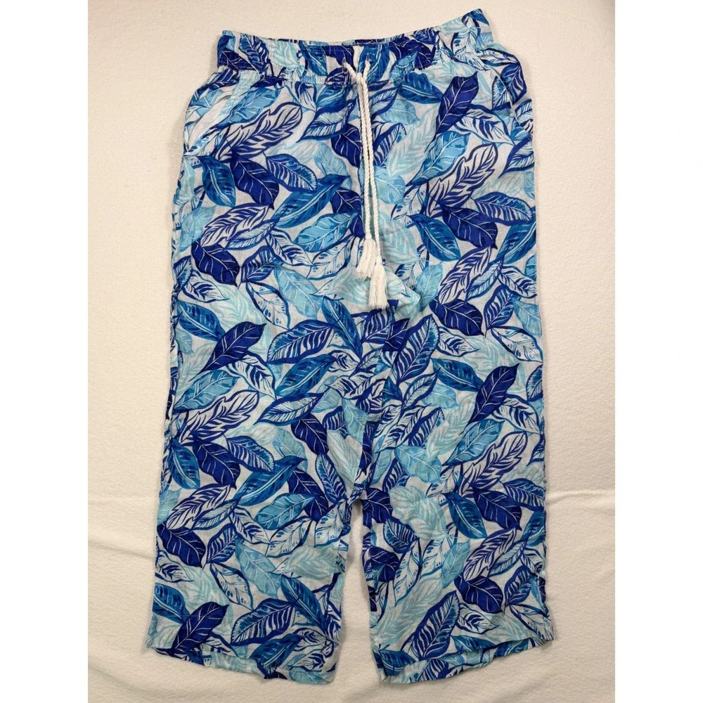 Sigrid Olsen Linen Tropical Leaf Pants Womens L Blue White Elastic Waist Tassel